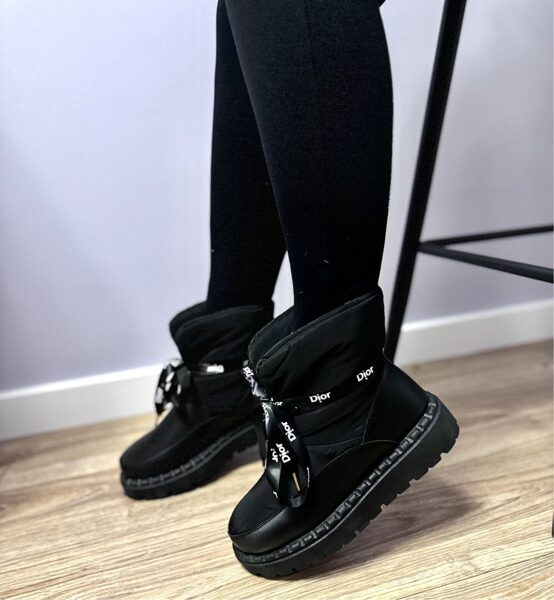 Women's black warm winter boots with decorative tape 