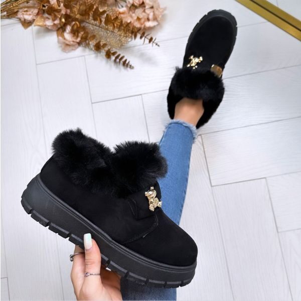 Warm winter short boots for women black with golden elements