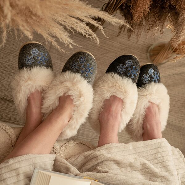 Warm house slippers gray with white fluff and blue pattern